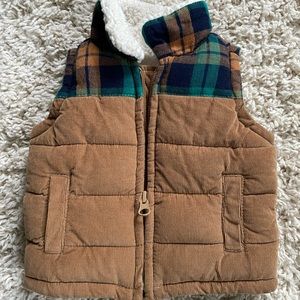 Old Navy Toddler Boy Bubble Vest Size 0-3M Tan Brown Plaid Front Zip-2